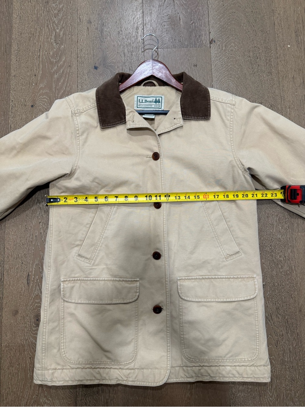 L.L. Bean Women's Khaki Barn Coat with Brown Corduroy Collar - Picture 9 of 10